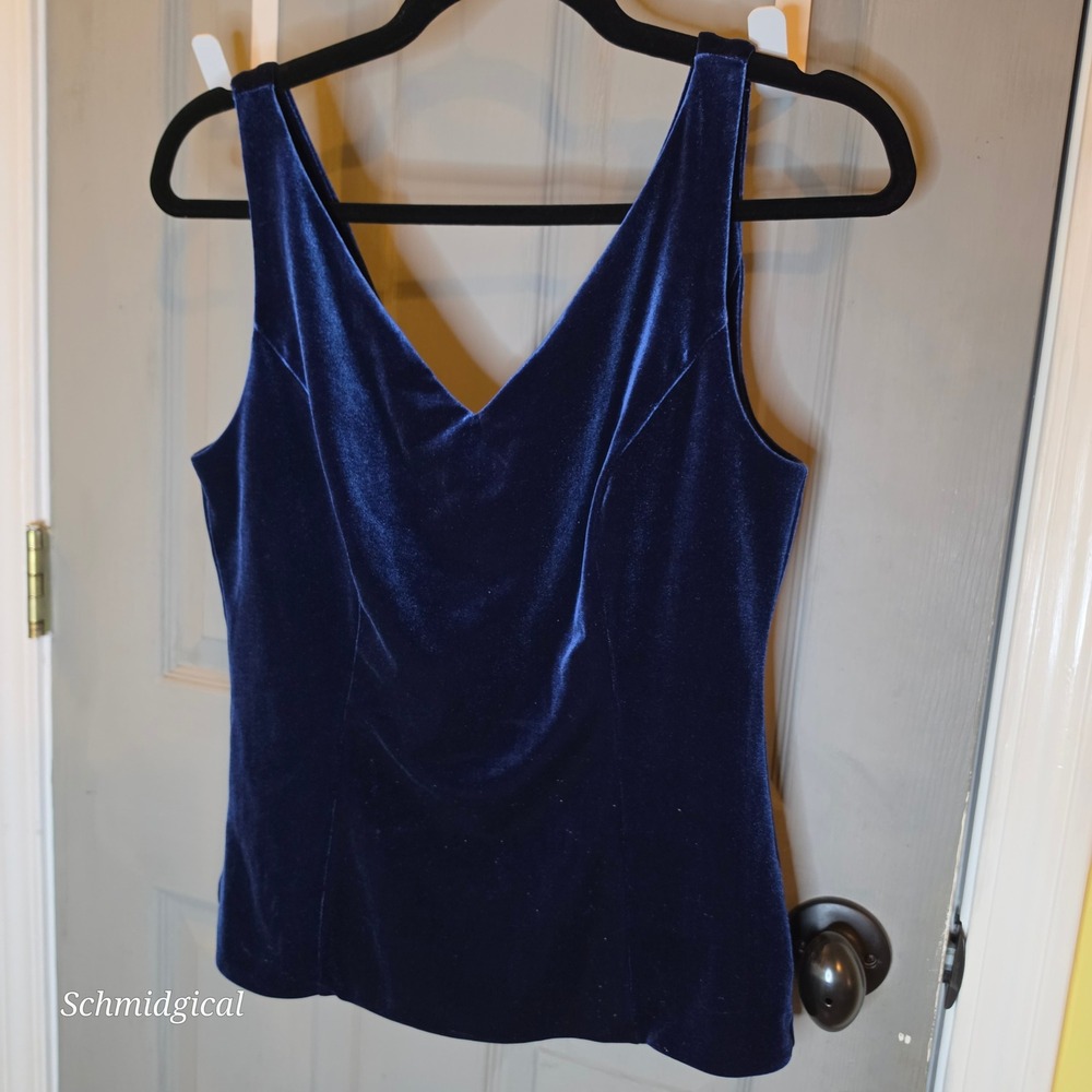 White House Black Market Blue Velvet V-Neck Tank Top Sleeveless Blouse Size 4